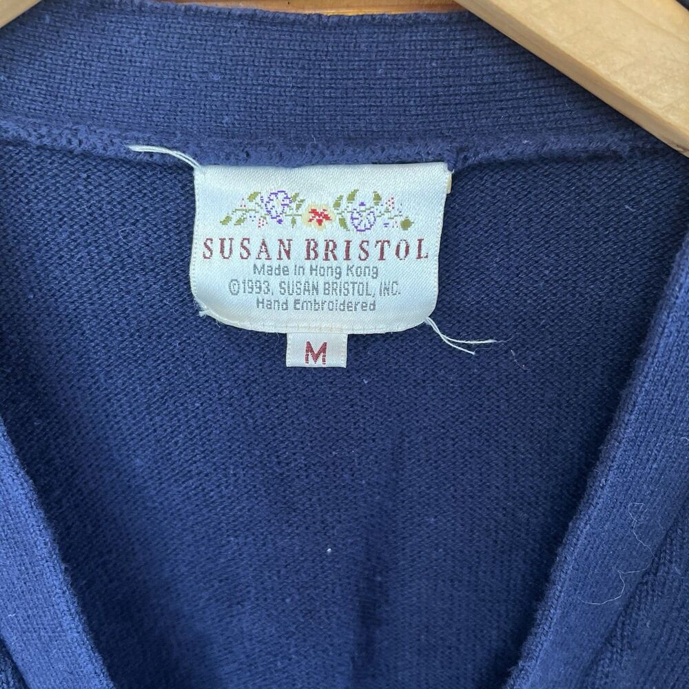 Susan Bristol Vintage 90s Embroidered Women Sports Navy Cardigan Sweater Medium - Picture 2 of 5